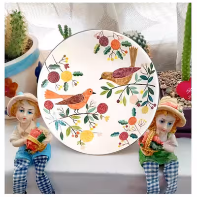 بشقاب دیوارکوب سفالی طرح گل و بلبل مجموعه 4 عددی