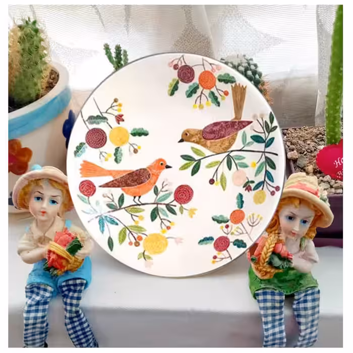 بشقاب دیوارکوب سفالی طرح گل و بلبل مجموعه 4 عددی