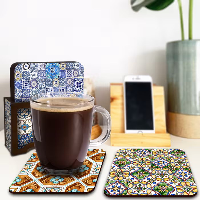 زیر لیوانی لوکسینو مدل کاشی های آنتیک مجموعه 6 عددی