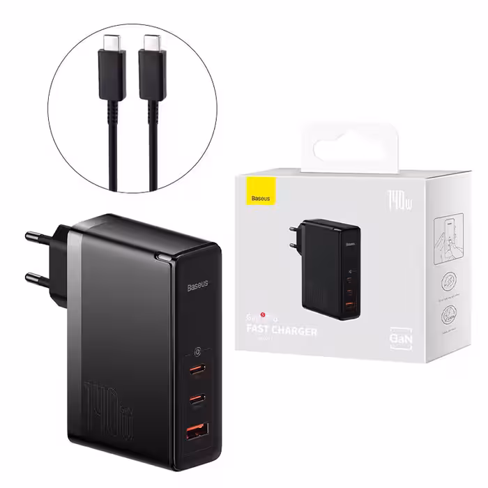 شارژر دیواری فست شارژ باسئوس مدل GaN5 Pro CCGP100 3Port 5A QC PD 140W به همراه کابل تبدیل تایپ سی