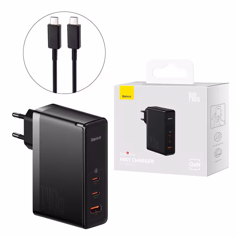 شارژر دیواری فست شارژ باسئوس مدل GaN5 Pro CCGP100 3Port 5A QC PD 140W به همراه کابل تبدیل تایپ سی