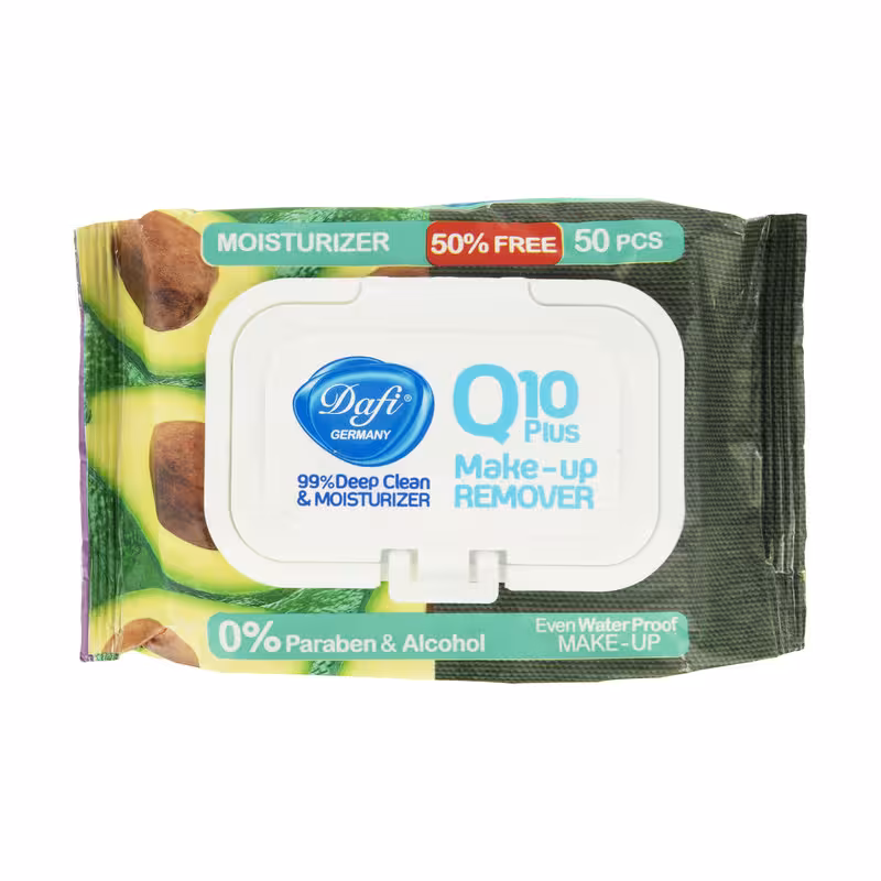 دستمال مرطوب پاک کننده آرایش دافی مدل Q10 PLUS بسته 50 عددی