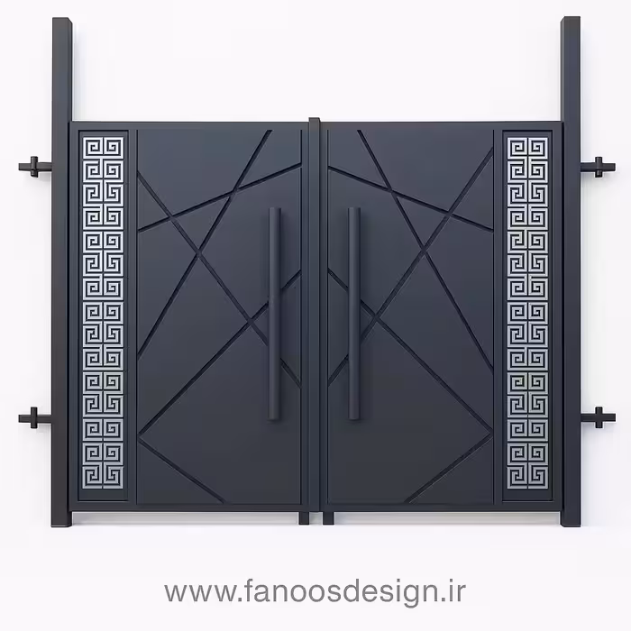 درب فلزی مدرن حیاط با طرح هندسی و پانل‌های استیل  – کد 30180