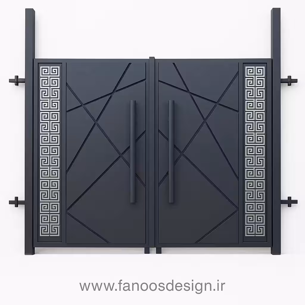 درب فلزی مدرن حیاط با طرح هندسی و پانل‌های استیل  – کد 30180