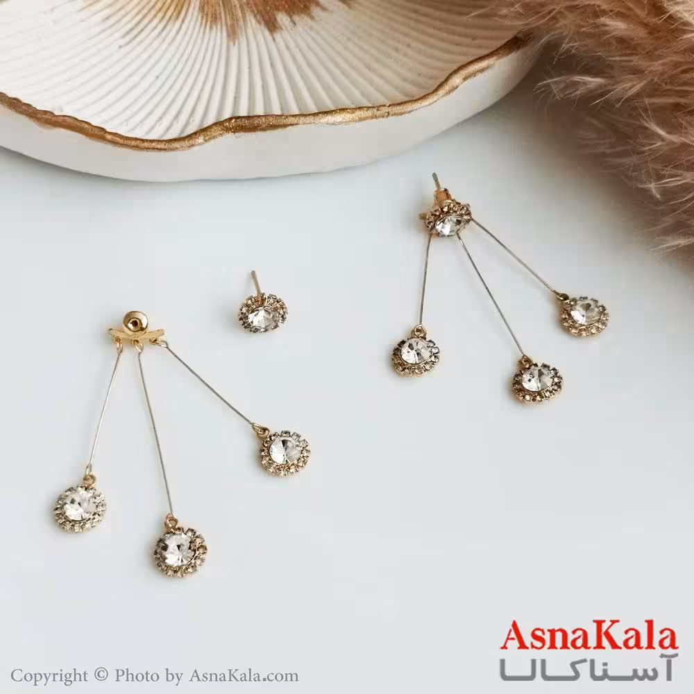گوشواره جواهری زنانه استیل مدل 3 نگین آویز کد GSH15314W