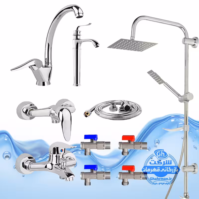 ست 10 عددی شیرآلات برند آیدا صنعت مدل قهرمان اردکی | شیر ظرفشویی   شیر روشویی پایه‌بلند مدل بامبو   شیر حمام   شیر توالت   علم دوش صفحه استیل   شلنگ توالت   چهار عدد شیر پیسوار | کروم براق