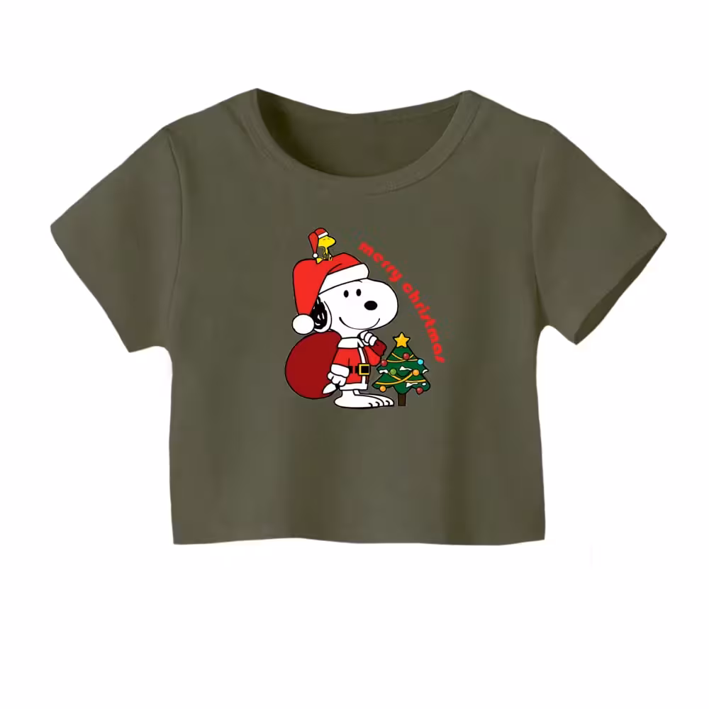 کراپ تیشرت آستین کوتاه زنانه مدل اسنوپی کریسمس کد 9 رنگ یشمی