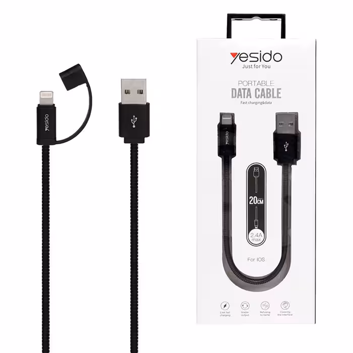 کابل USB به لایتنینگ یسیدو YESIDO CAT1 طول 20 سانتیمتر 2٫4 آمپر