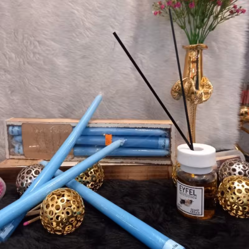 شمع قلمی  20 سانتی رنگ آبی پاستیلی بسته 12عددی جعبه چوبی