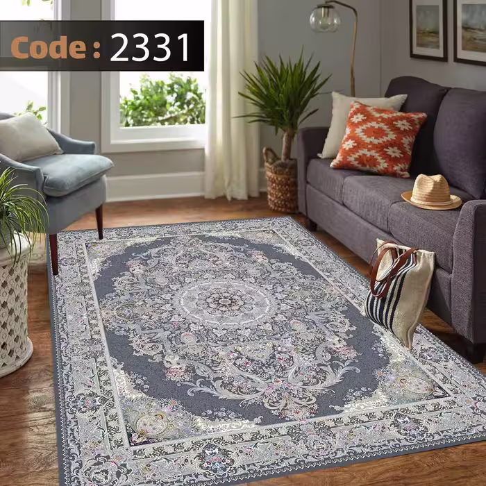 کاورفرش روفرشی دورکشدار گوشه لیفه ای طوسی کرم کد 2331