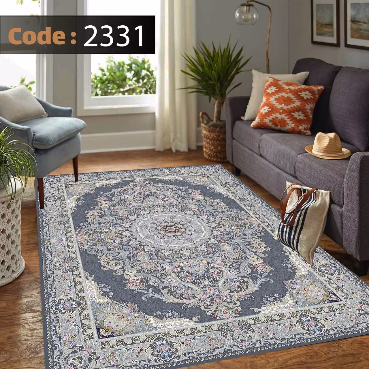کاورفرش روفرشی دورکشدار گوشه لیفه ای طوسی کرم کد 2331