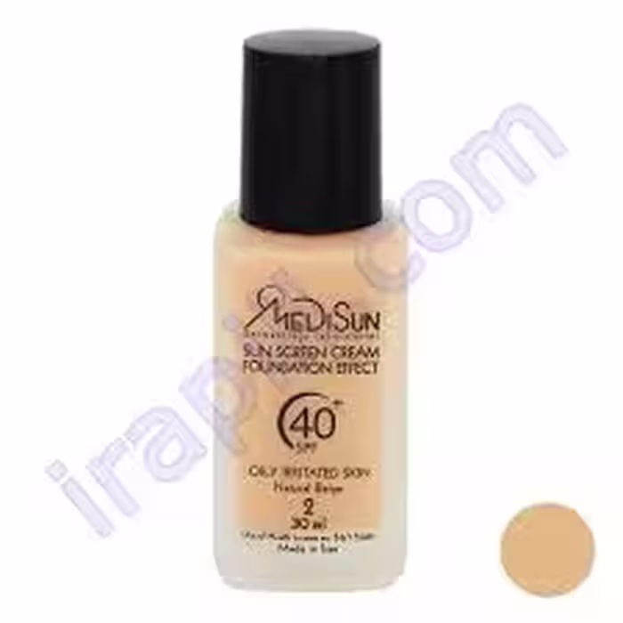ضد آفتاب کرم پودری رنگی طبیعی مناسب پوست چرب SPF40 مدیسان 30 میلی لیتر شیشه ای