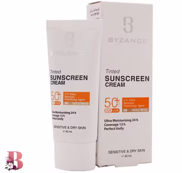 کرم ضد آفتاب بژ طلایی بیزانس مدل 30 مناسب پوست خشک و حساس حجم 40 میلی لیتر | Byzance Sun Protection Cream GOLD BIEGE Foundation SPF50  SENSETIVE & DRY SKIN 40 ml