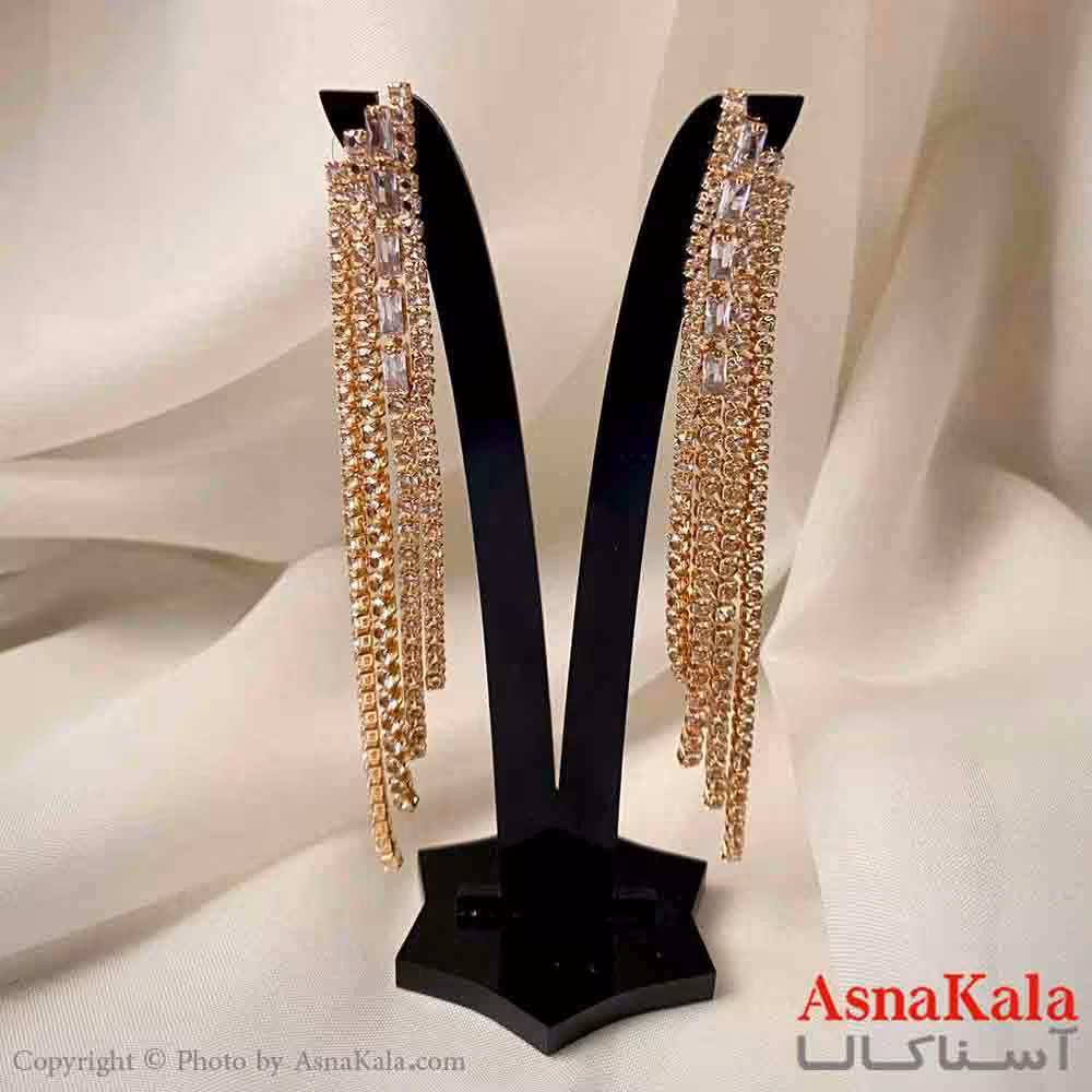 گوشواره دخترانه مدل آویز جواهری مدل ریسه ای نگیندار رنگ طلایی کد GSH151972W