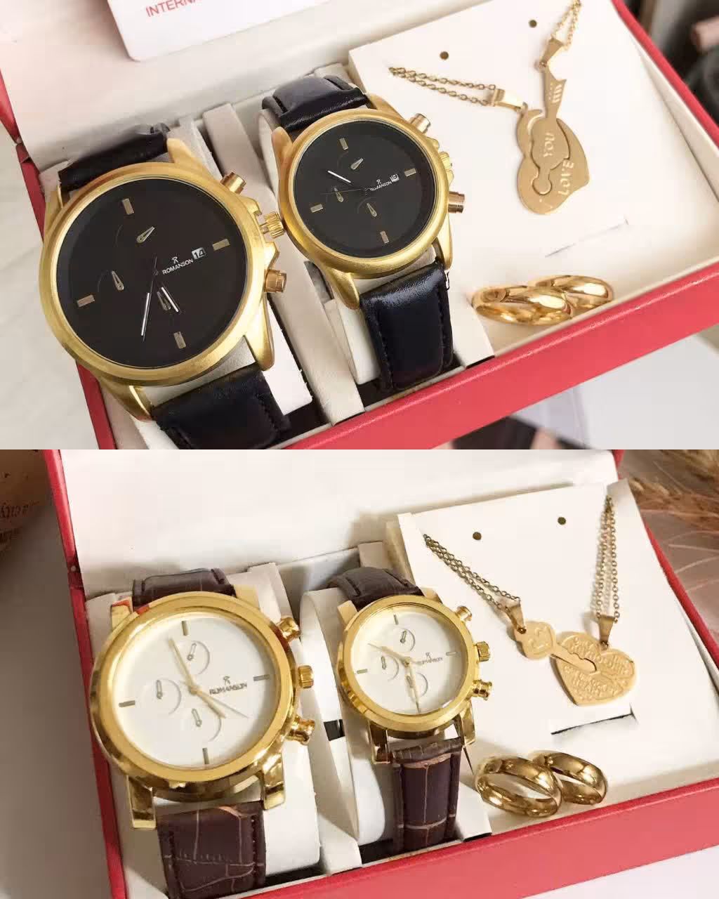 ساعت ست زنانه مردانه رومانسون و گردنبند و حلقه ست