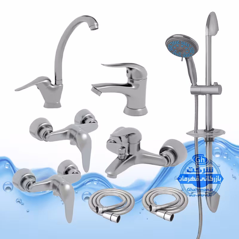 ست 8 عددی شیرآلات برند آیدا صنعت مدل قهرمان اردکی | شیر ظرفشویی   روشویی   حمام   دو عدد توالت   علم دوش یونیکا   دو شلنگ توالت | کروم مات