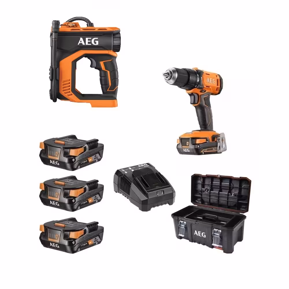 کیت دریل چکشی به همراه کمپرسور شارژی AEG مدل BSB18G4-203TBLK3   BK18C