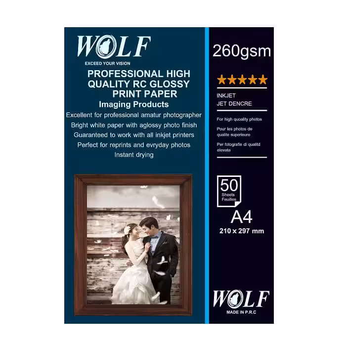 کاغذ فتو گلاسه 260 گرم RC ولف سایز A4