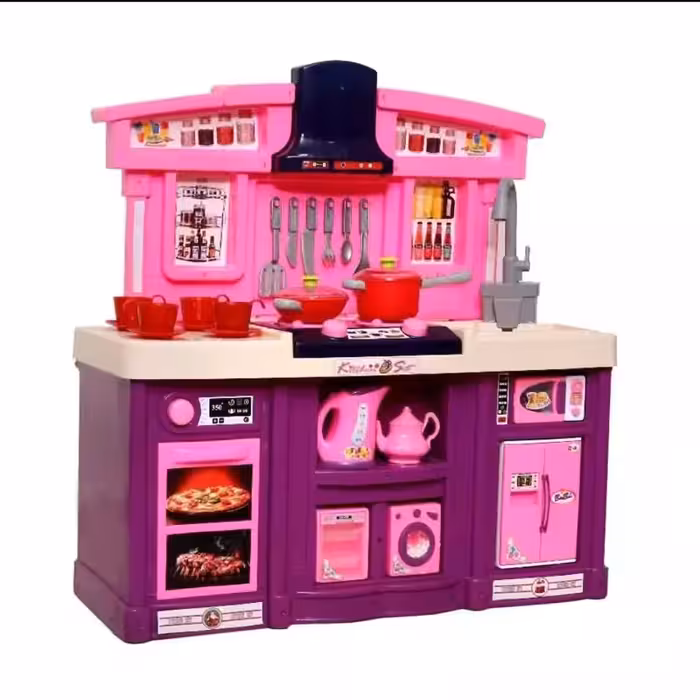 اسباب بازی اجاق گاز بزرگ به همراه سینک ظرفشویی با پمپاژ اب سایز  سوپرمارکت بزرگ باربی اسباب بازی شعله های باطری خور