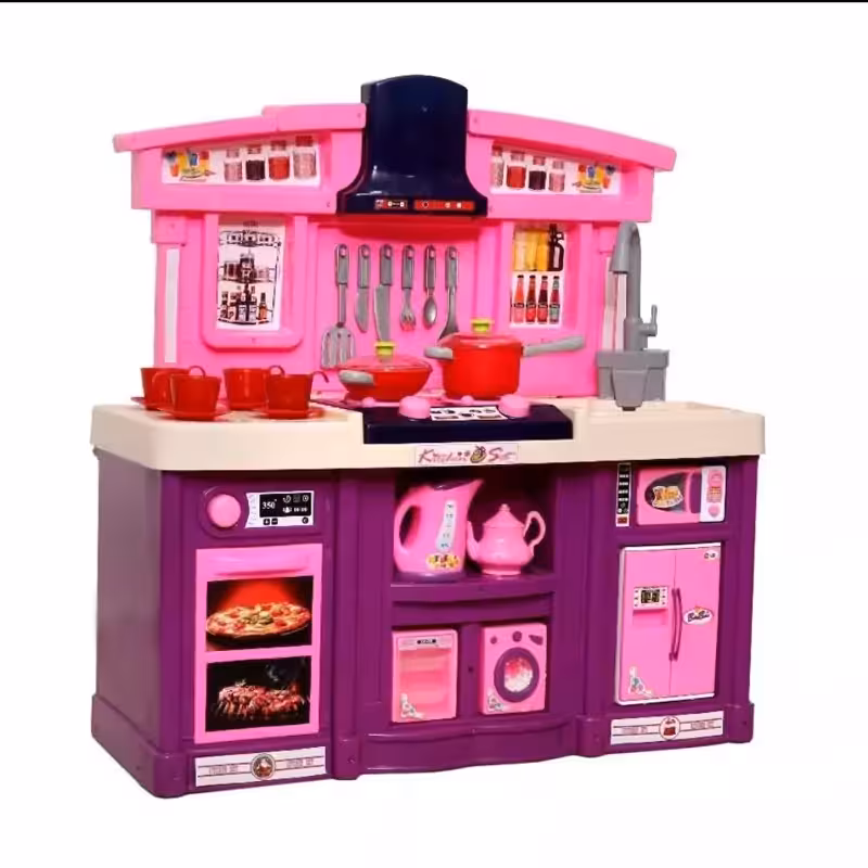 اسباب بازی اجاق گاز بزرگ به همراه سینک ظرفشویی با پمپاژ اب سایز  سوپرمارکت بزرگ باربی اسباب بازی شعله های باطری خور