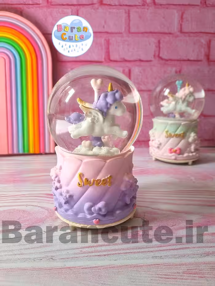 گوی موزیکال پمپی برفی چراغ دار سایز بزرگ طرح یونیکورن یاسی