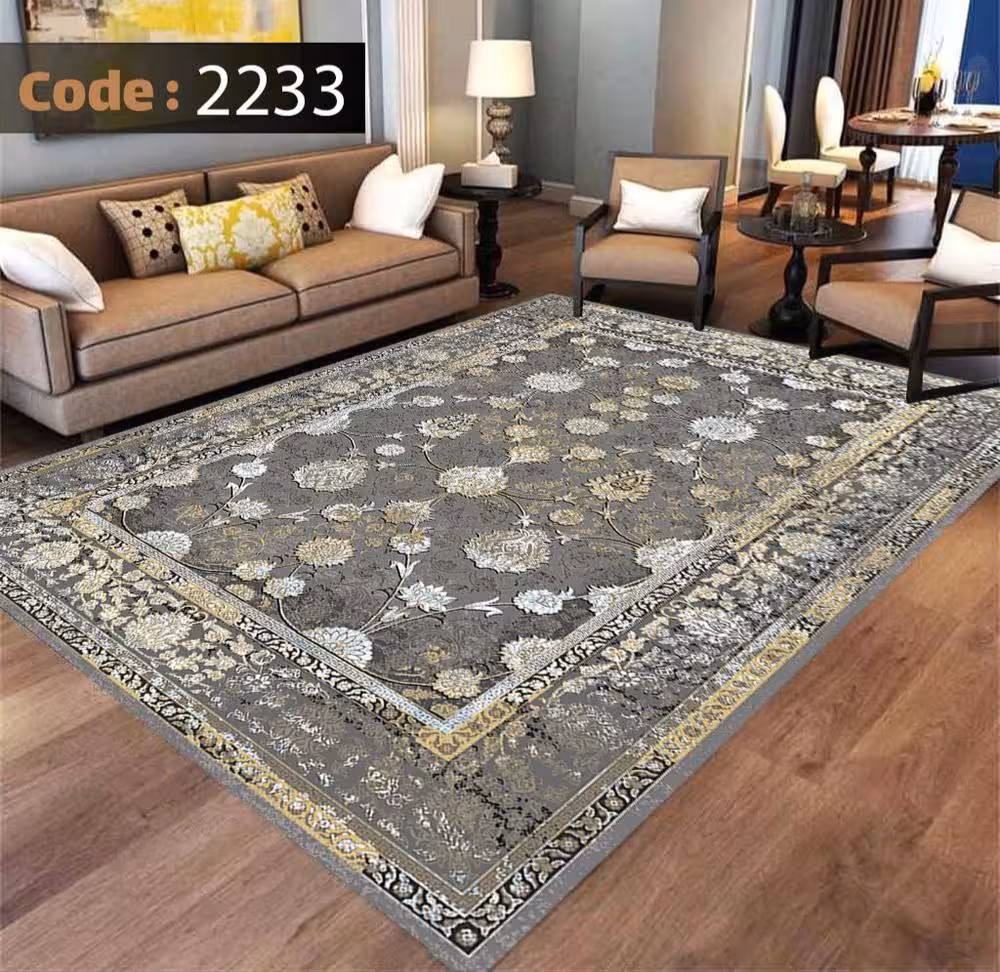 کاورفرش روفرشی دورکشدار گوشه لیفه ای طوسی کرم کد 2233