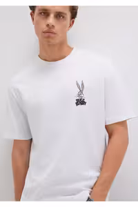 تی شرت مردانه سفید BUGS BUNNY چاپ شده DMK 620 Mavi