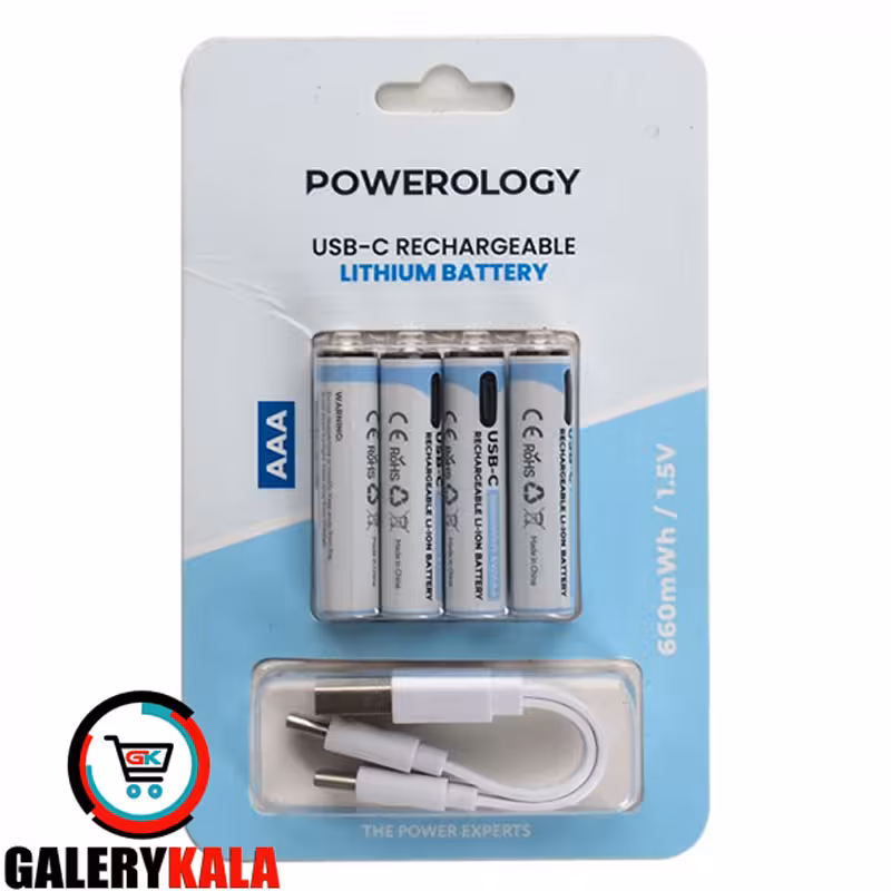 باتری نیم قلمی شارژی POWEROLOGY مدل USB-C AAA 6600mWh (کارتی 4 تایی)