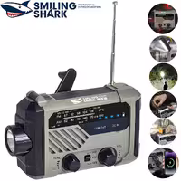 چراغ قوه شارژی و لامپ کمپینگ خورشیدی ضدآب چندمنظوره اسمایلینگ شارک Smiling Shark YJ-D290 با رادیو، پاوربانک و ژنراتور دستی