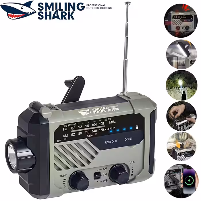 چراغ قوه شارژی و لامپ کمپینگ خورشیدی ضدآب چندمنظوره اسمایلینگ شارک Smiling Shark YJ-D290 با رادیو، پاوربانک و ژنراتور دستی