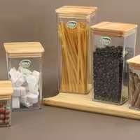 بانکه حبوباتی مربع کریستال نشکن درب بامبو(5عددی)