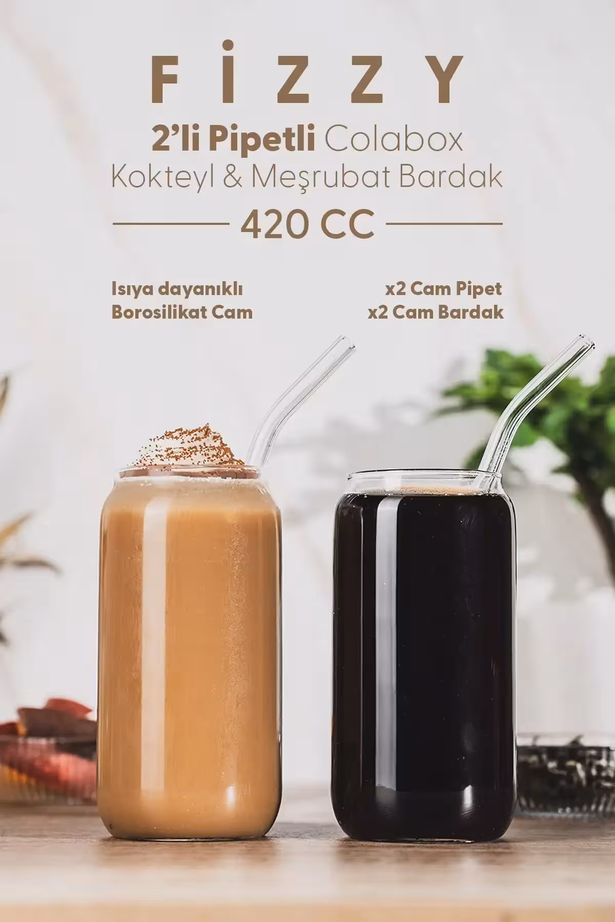 ست دو عددی لیوان نوشیدنی با نی از شیشه بروسلیکات - 9564