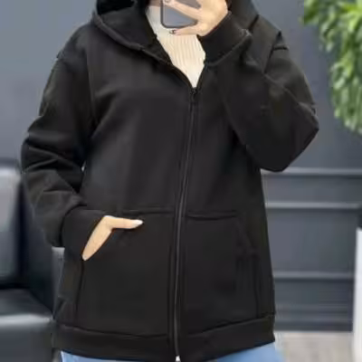 سویشرت کلاهدار زنانه مشکی جلو زیپ دار گرم پاییزه