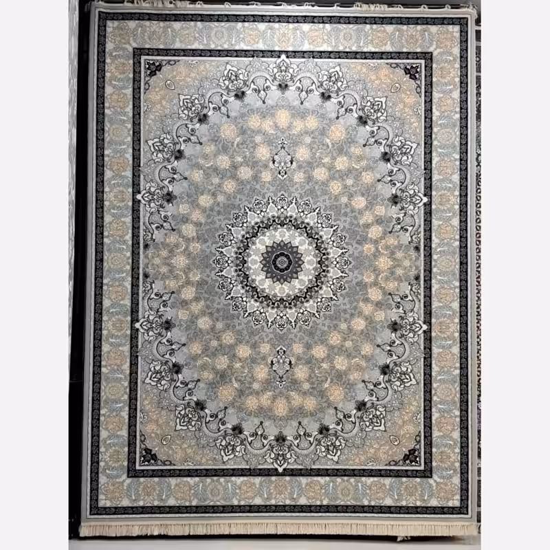 فرش ماشینی 700شانه کاشان 9متری صددرصدنخ اکریلیک نقشه یسنا سرمه ایی