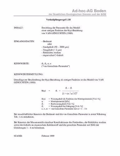 خرید و دانلود نسخه کامل کتاب Verknüpfungsregel 1.18: Ermittlung der Parameter für das Modell einer stetigen Funktion der θ(ψ)-Beziehung von VAN GENUCHTEN (1980)
