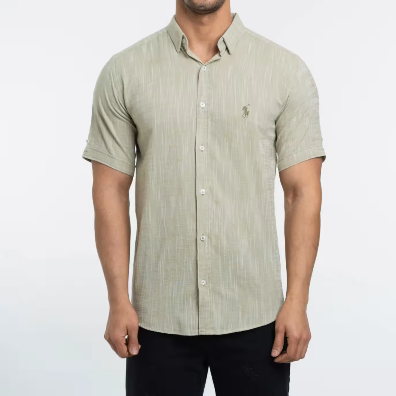 پیراهن لینن آستین کوتاه آتین سبز زیتونی کد 10155
