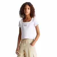 قیمت و خرید تی شرت نوجوانی دخترانه سفید کلوین کلین مدل Ribbed Cotton Badge T-Shirt اورجینال