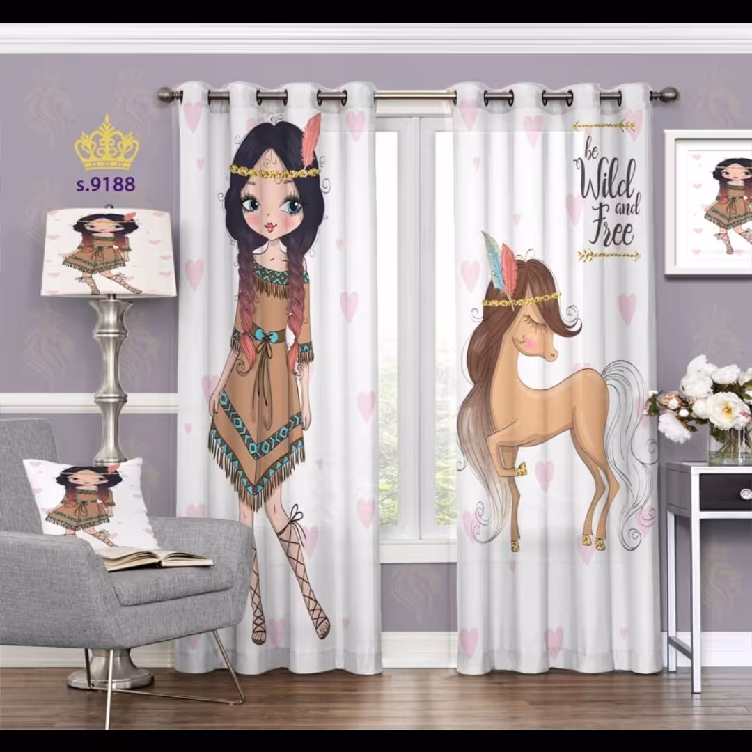 پرده اتاق خواب دخترانه دو قواره طرح کارتونی کد S9188