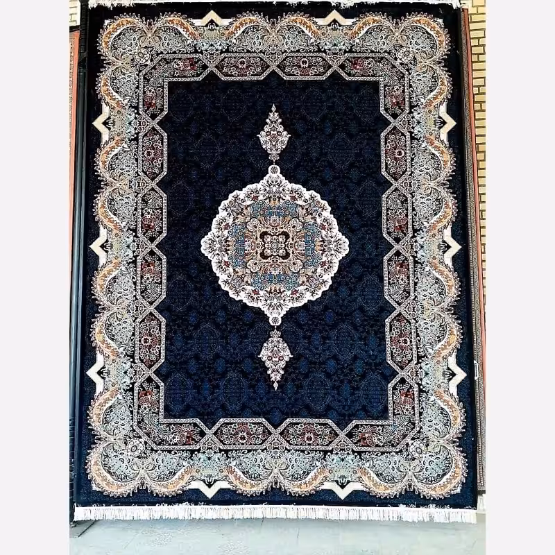 فرش ماشینی 500شانه جدید کاشان 12متری ورژن نقشه هالیدی سرمه ایی(ارسال رایگان)