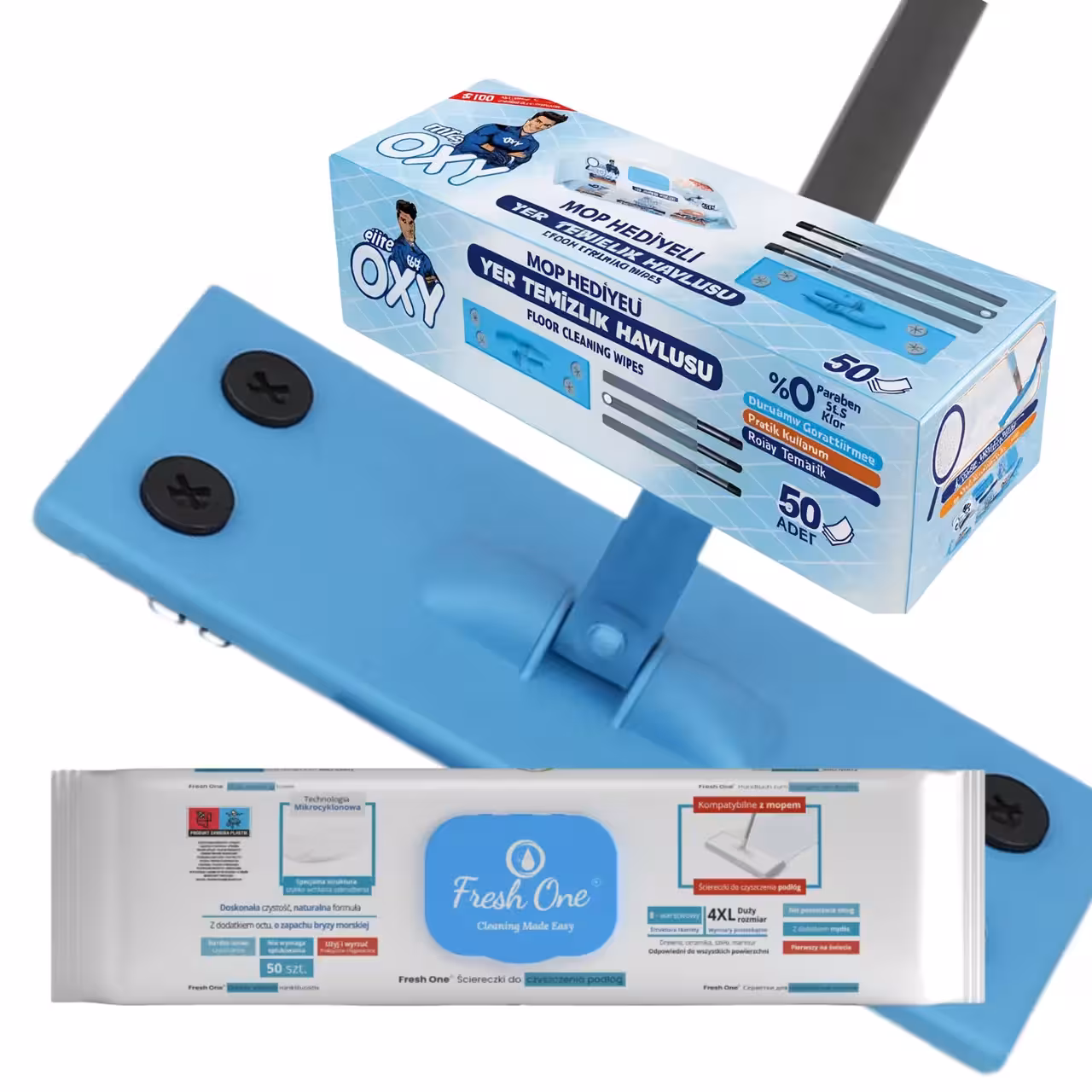 ست تی دسته دار و دستمال مرطوب مخصوص تی مستر اوکسی Mr. Oxy قابل شستشو بسته 50 عددی