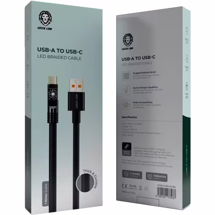 کابل شارژ USB به Type-C گرین لاین LED Braided طول 1 متر توان 2.4 آمپر