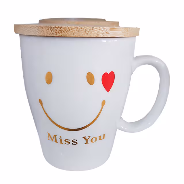 لیوان سرامیکی مدل درب چوبی طرح لبخند