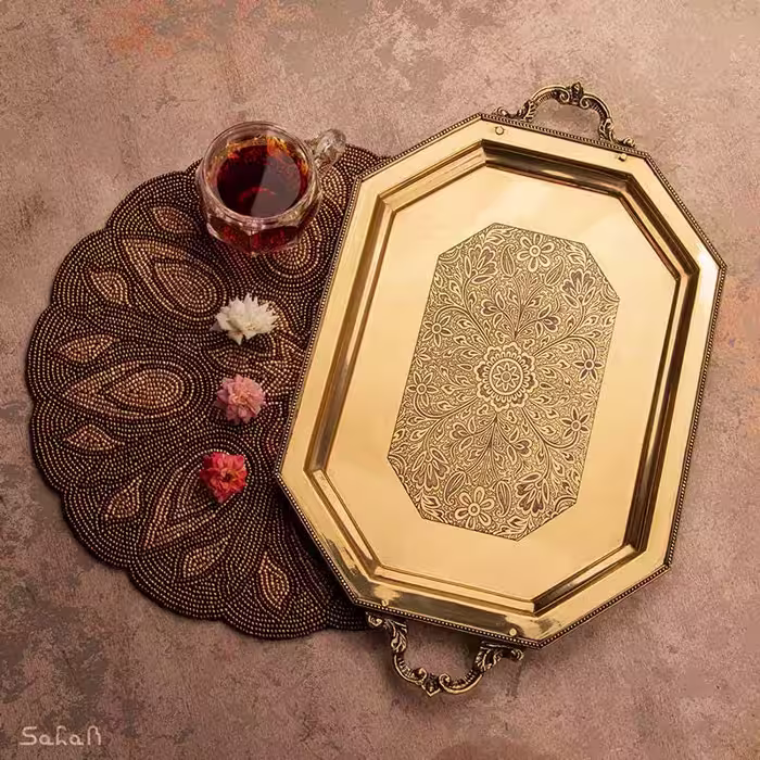 سینی مهمان برنجی انتیک دسته دار هشت ضلعی