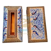 ست جعبه دستمال کاغذی و جاکاردی خاتم کاری مدل گل و مرغ آبی