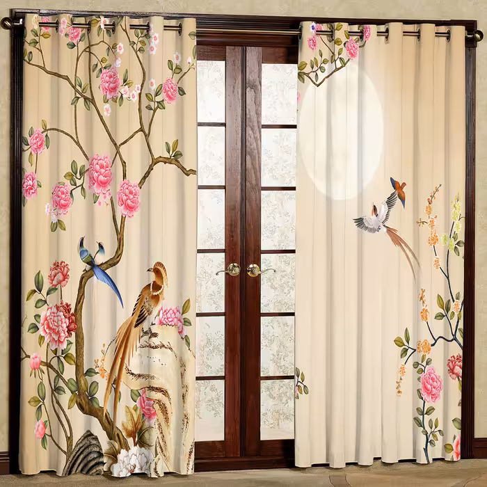 پرده مدل گل و پرنده مخمل پانچی کد 1147L سایز 140x280 سانتی متر