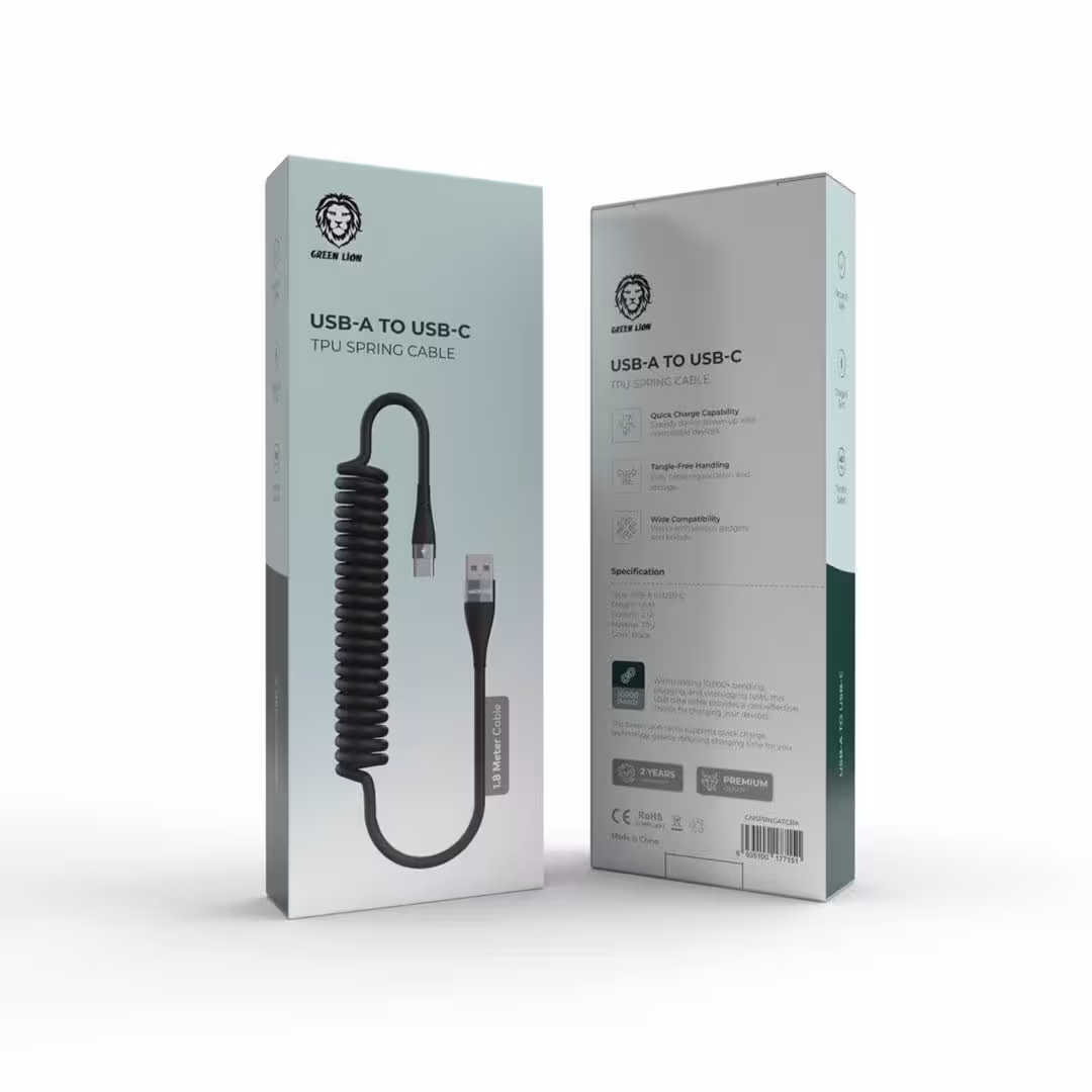 کابل فنری یو اس بی آ به تایپ سی گرین Green usb-a to usb-c TPU spring cable