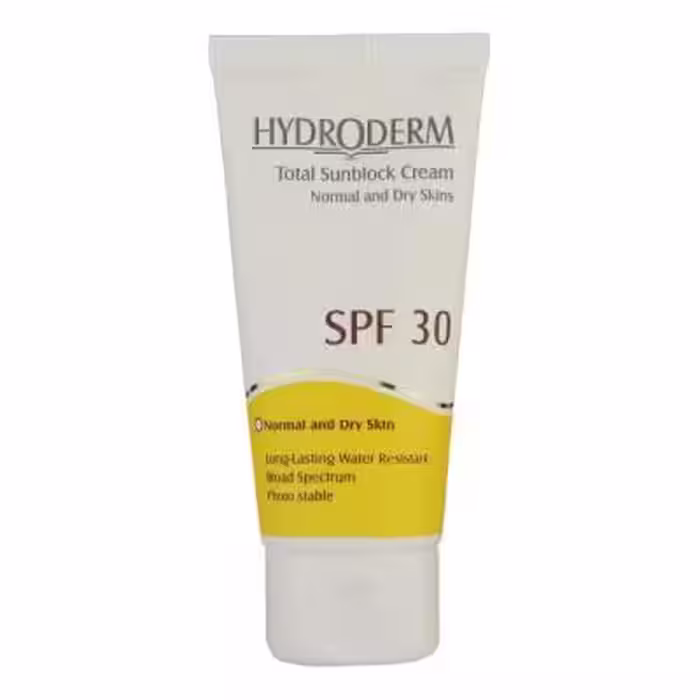 کرم ضد آفتاب بی‌رنگ هیدرودرم SPF30، مناسب پوست‌های نرمال و خشک، حجم 50 میلی‌لیتر