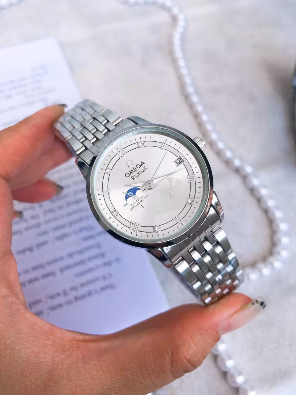 ساعت مردانه یا زنانه به صورت تک مارک امگا بند استیل صفحه صفید