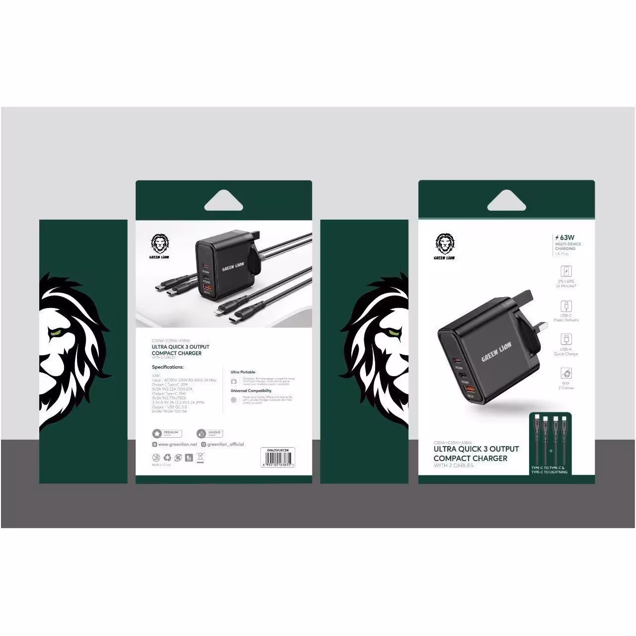 شارژر دیواری 63 وات گرین با کابل تایپ سی به تایپ سی و تایپ سی به لایتنینگ Green Ultra Quick 3 output Compact Charger