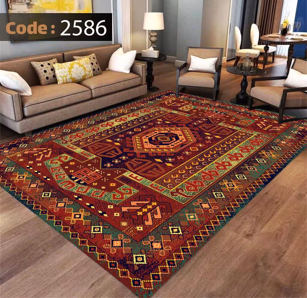 کاورفرش روفرشی دورکشدار گوشه لیفه ای لاکی ، آبی و متنوع کد 2586